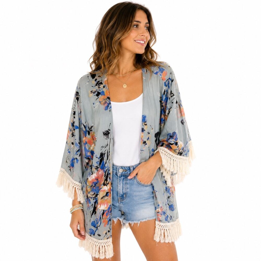 Umgee Blue Floral Fringe Kimono Cardigan Boho Open Front Sz M